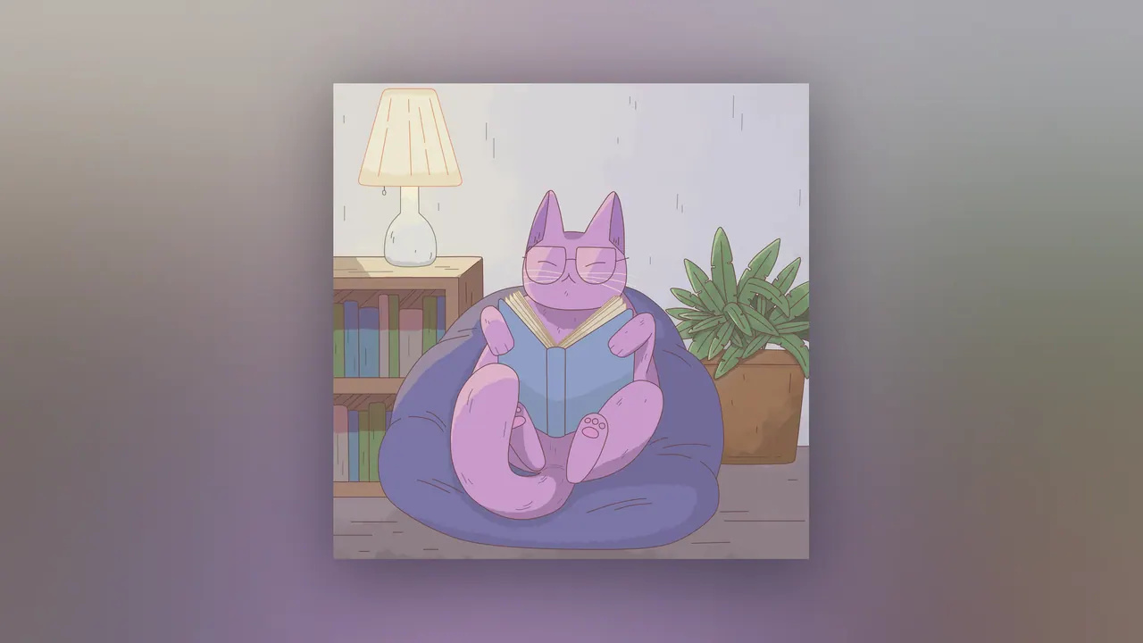 A Good Book desktop wallpaper by Purrple Cat: A purple cat in glasses reading a book in a navy beanbag next to a lamp, a bookshelf and a potted plant