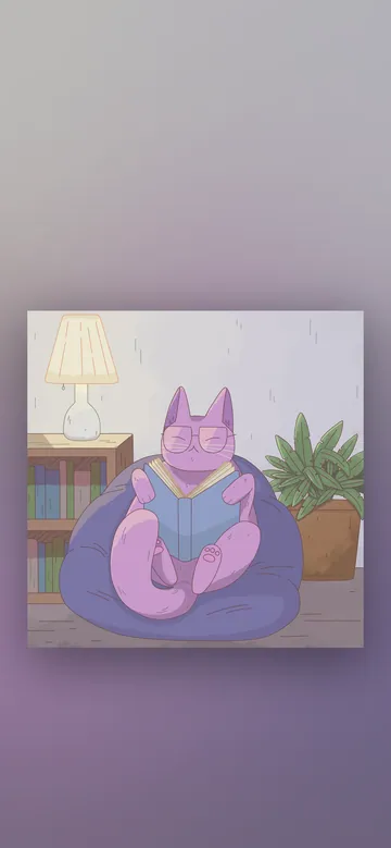A Good Book phone wallpaper: A purple cat in glasses reading a book in a navy beanbag next to a lamp, a bookshelf and a potted plant