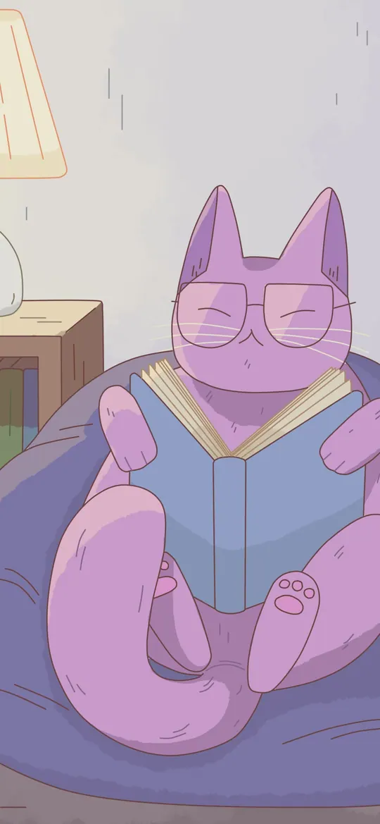 A Good Book phone wallpaper by Purrple Cat: A purple cat in glasses reading a book in a navy beanbag next to a lamp, a bookshelf and a potted plant
