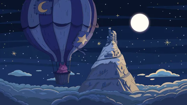 Above the Clouds desktop wallpaper: A purple cat riding a patched hot-air balloon above a sea of clouds beside a snowy peak with a tower, under a full moon