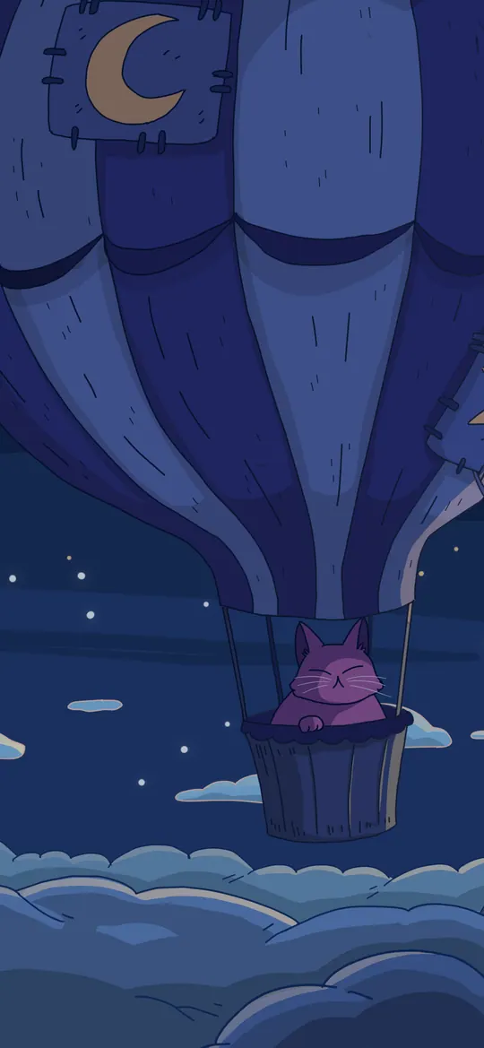 Above the Clouds phone wallpaper by Purrple Cat: A purple cat riding a patched hot-air balloon above a sea of clouds beside a snowy peak with a tower, under a full moon