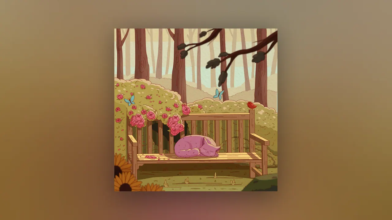 Bloom desktop wallpaper by Purrple Cat: A purple cat curled asleep on a wooden garden bench surrounded by pink roses, a red bird and a sunflower