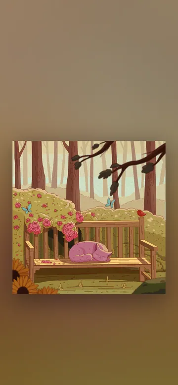 Bloom phone wallpaper: A purple cat curled asleep on a wooden garden bench surrounded by pink roses, a red bird and a sunflower