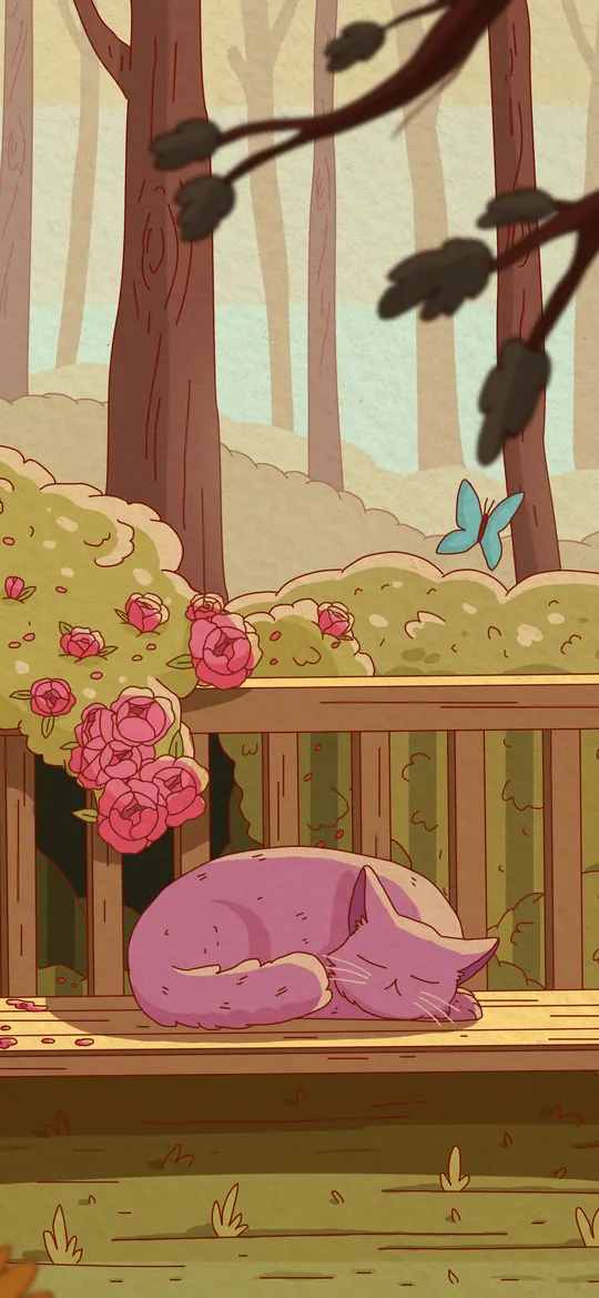 Bloom phone wallpaper by Purrple Cat: A purple cat curled asleep on a wooden garden bench surrounded by pink roses, a red bird and a sunflower