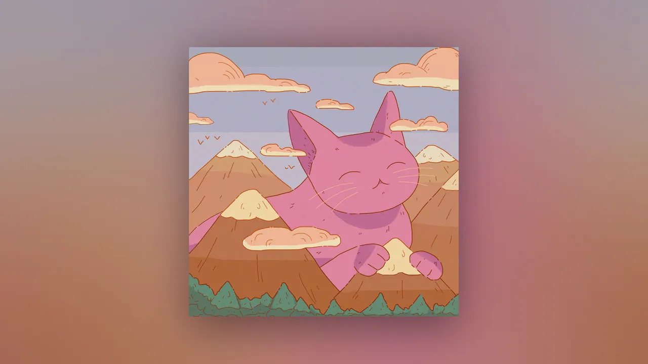 Brain Fog desktop wallpaper by Purrple Cat: A giant purple cat rising calmly behind pastel orange mountains with peach clouds and a flock of birds