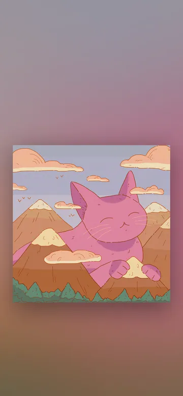 Brain Fog phone wallpaper: A giant purple cat rising calmly behind pastel orange mountains with peach clouds and a flock of birds
