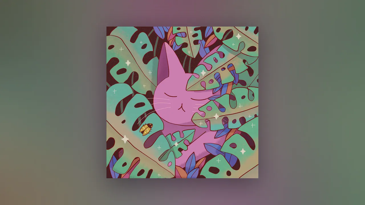 Cat Nap desktop wallpaper by Purrple Cat: A purple cat napping among huge green monstera and tropical leaves, with a tiny golden beetle