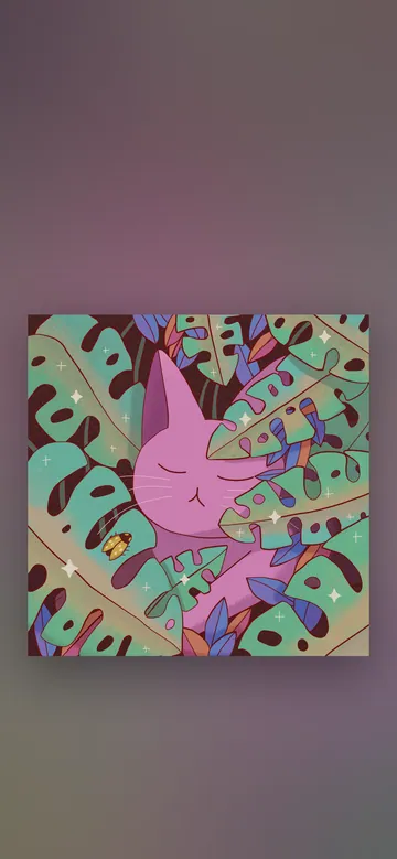 Cat Nap phone wallpaper: A purple cat napping among huge green monstera and tropical leaves, with a tiny golden beetle