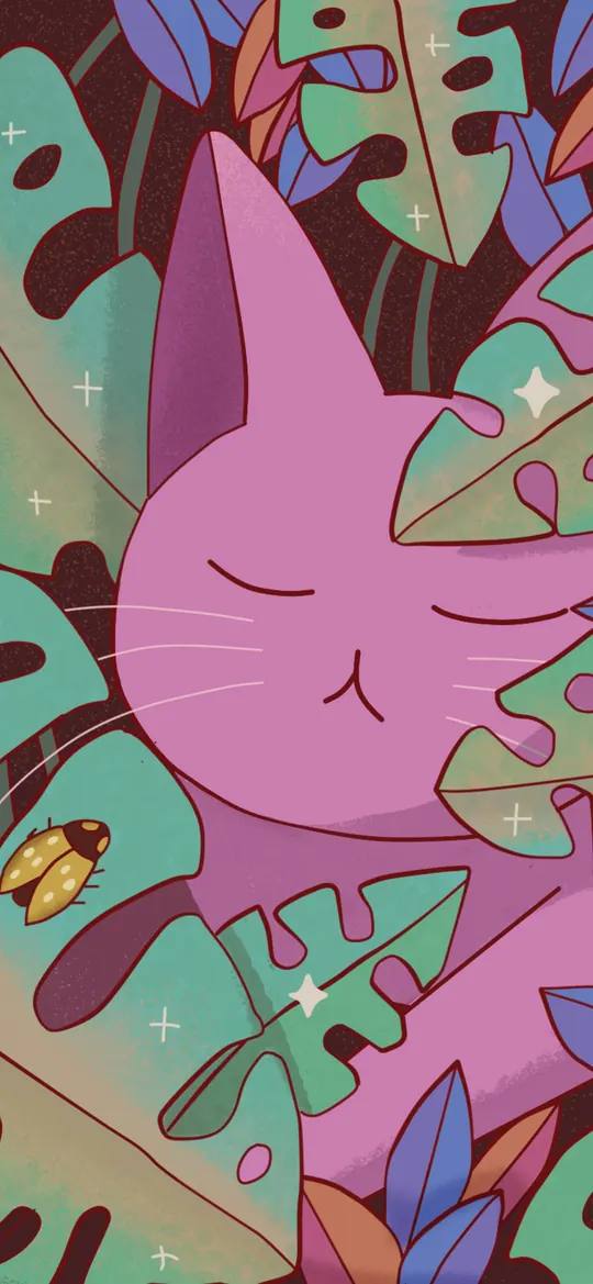 Cat Nap phone wallpaper by Purrple Cat: A purple cat napping among huge green monstera and tropical leaves, with a tiny golden beetle