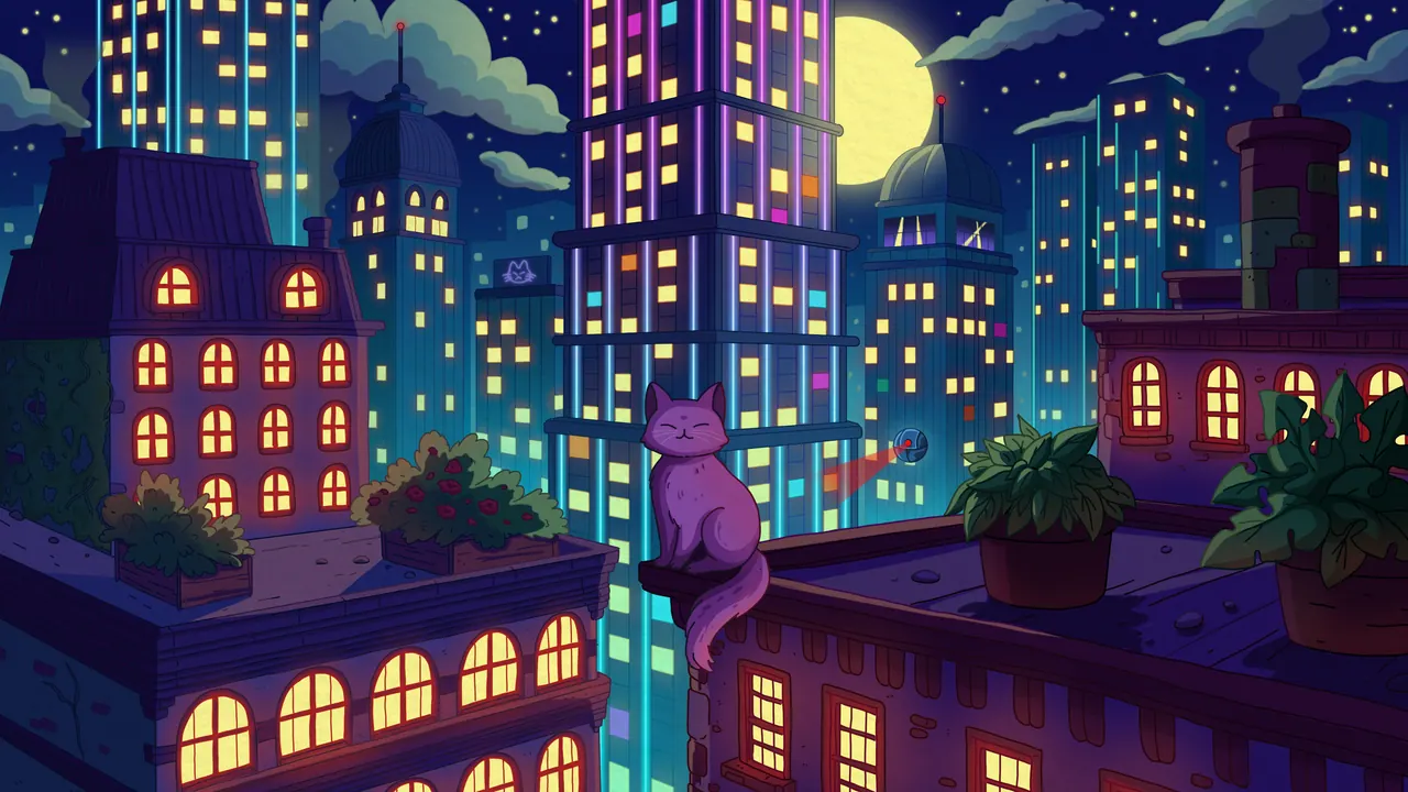 City Nights 2 desktop wallpaper by Purrple Cat: A purple cat on a rooftop ledge among potted plants, neon skyscrapers with warm yellow windows and a full moon in a teal night sky