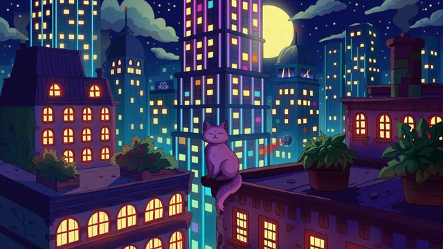 City Nights 2 desktop wallpaper: A purple cat on a rooftop ledge among potted plants, neon skyscrapers with warm yellow windows and a full moon in a teal night sky