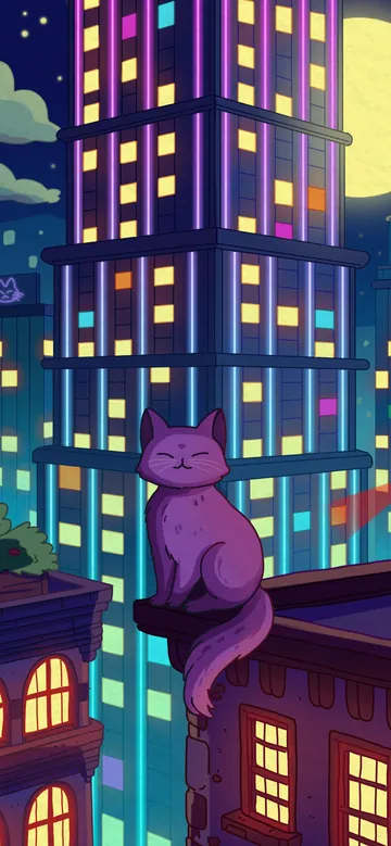City Nights 2 phone wallpaper: A purple cat on a rooftop ledge among potted plants, neon skyscrapers with warm yellow windows and a full moon in a teal night sky