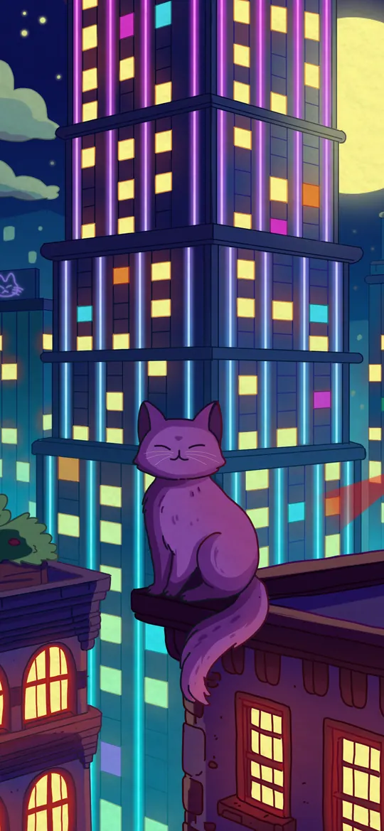 City Nights 2 phone wallpaper by Purrple Cat: A purple cat on a rooftop ledge among potted plants, neon skyscrapers with warm yellow windows and a full moon in a teal night sky
