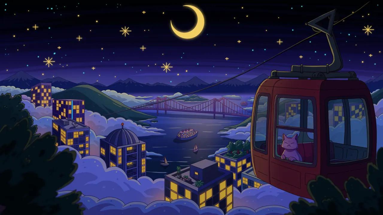 City Nights 3 desktop wallpaper by Purrple Cat: A red cable car gliding over a glowing night city and low clouds under a crescent moon, a cat looking out of its window