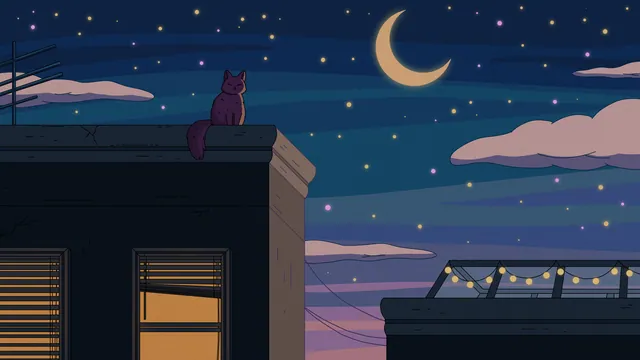 City Nights desktop wallpaper: A cat silhouette on a rooftop under a crescent moon, string lights on the next roof and a lit window with blinds, deep blue sky with pink clouds