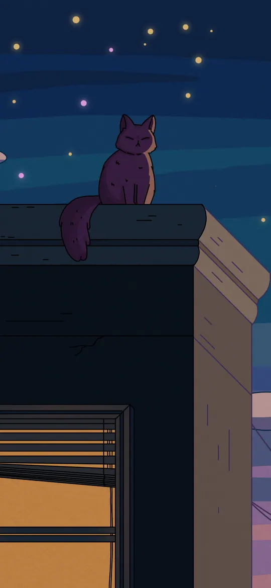 City Nights phone wallpaper by Purrple Cat: A cat silhouette on a rooftop under a crescent moon, string lights on the next roof and a lit window with blinds, deep blue sky with pink clouds