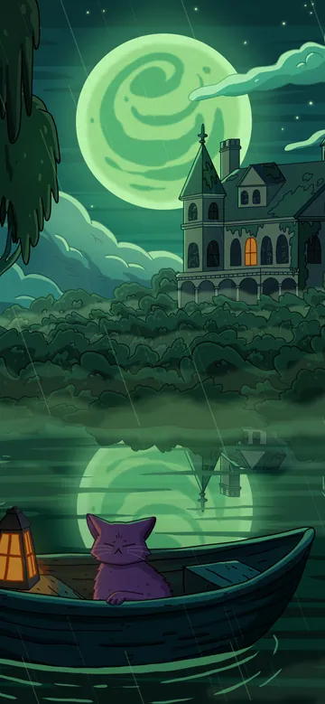 Cypress Manor phone wallpaper: A purple cat in a rowboat with a glowing lantern on a rainy bayou, mossy cypress trees, a swirly green moon and a manor with orange windows