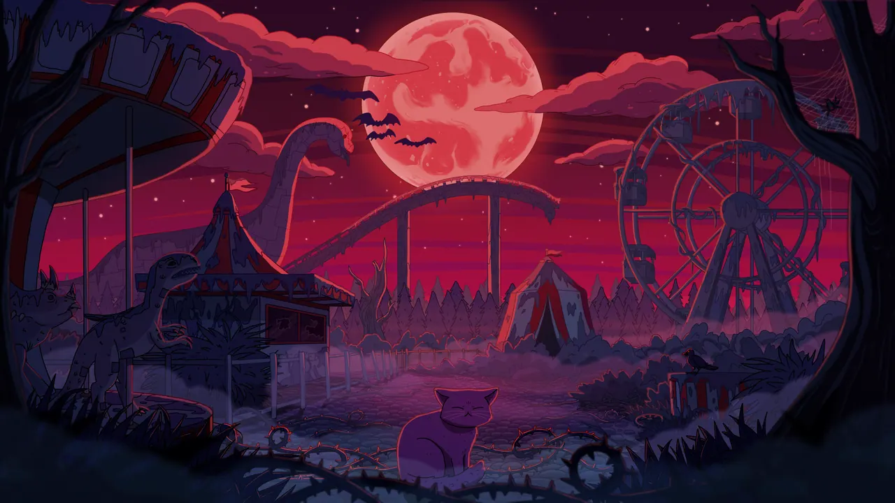 Dino Land desktop wallpaper by Purrple Cat: An abandoned amusement park with a rollercoaster, Ferris wheel and dinosaur statues under a huge blood-red moon, bats in the sky