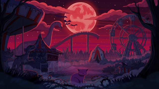 Dino Land desktop wallpaper: An abandoned amusement park with a rollercoaster, Ferris wheel and dinosaur statues under a huge blood-red moon, bats in the sky