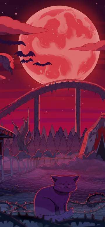 Dino Land phone wallpaper: An abandoned amusement park with a rollercoaster, Ferris wheel and dinosaur statues under a huge blood-red moon, bats in the sky