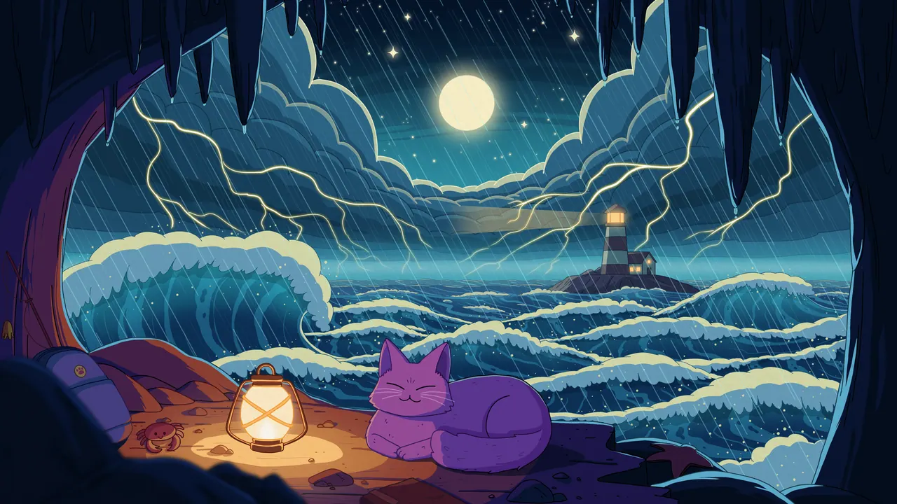 Eye of the Storm desktop wallpaper by Purrple Cat: A purple cat curled asleep with a lantern on a cave ledge, looking out at huge waves, lightning and a distant lighthouse under the moon