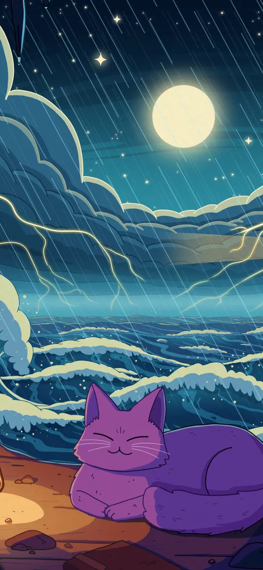 Eye of the Storm phone wallpaper by Purrple Cat: A purple cat curled asleep with a lantern on a cave ledge, looking out at huge waves, lightning and a distant lighthouse under the moon