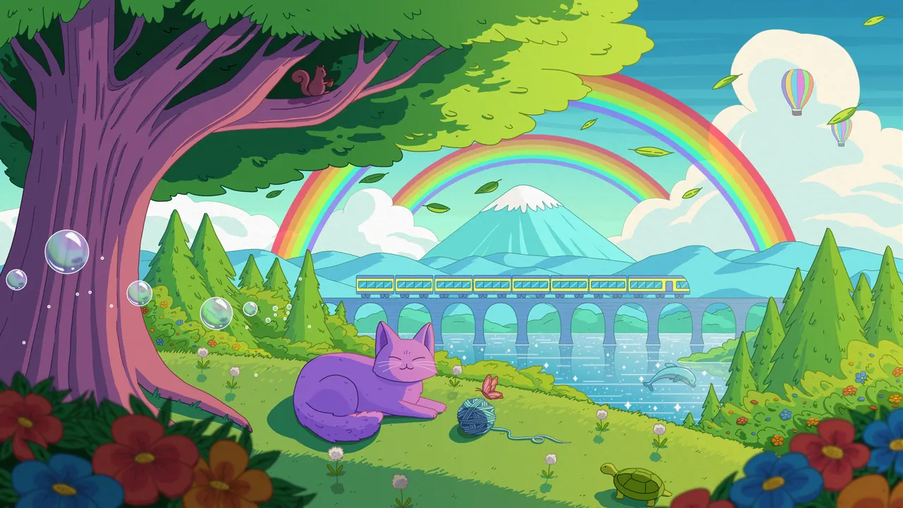 Happy Place desktop wallpaper by Purrple Cat: A purple cat napping with a ball of yarn under a purple-trunked tree, with a double rainbow, a hot-air balloon and a train on a viaduct