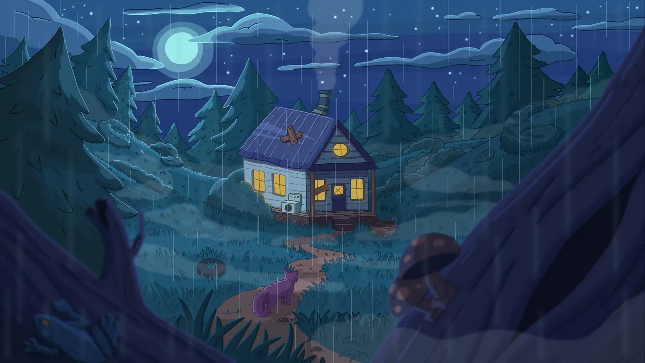 House in the Woods desktop wallpaper by Purrple Cat: A cozy wooden cabin with warm windows and chimney smoke in a rainy night forest under a full moon, a small cat on the path
