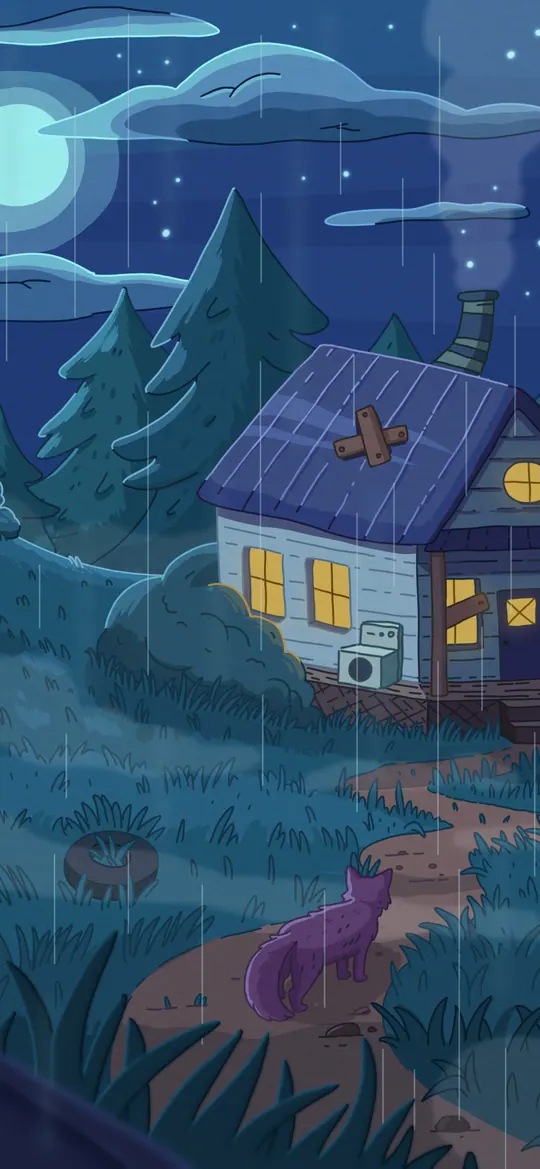 House in the Woods phone wallpaper by Purrple Cat: A cozy wooden cabin with warm windows and chimney smoke in a rainy night forest under a full moon, a small cat on the path