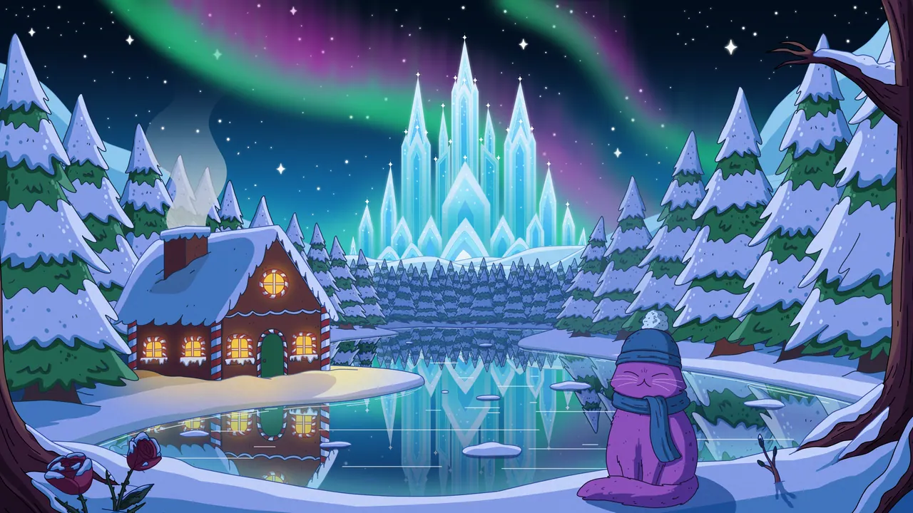Ice Palace desktop wallpaper by Purrple Cat: A purple cat in a beanie and scarf by a frozen lake, a gingerbread cottage and a crystal ice palace under a green and pink aurora
