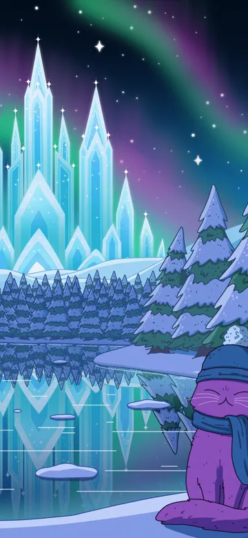 Ice Palace phone wallpaper: A purple cat in a beanie and scarf by a frozen lake, a gingerbread cottage and a crystal ice palace under a green and pink aurora