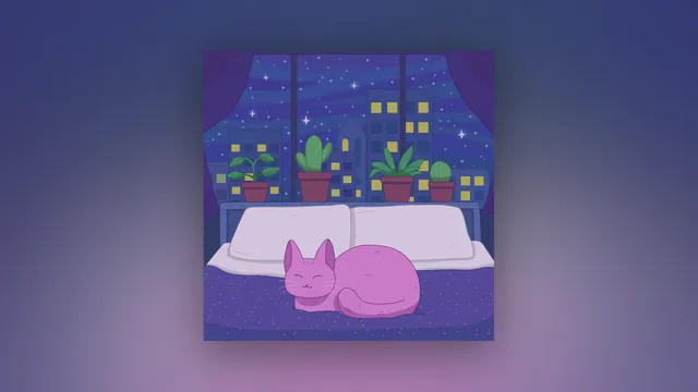 Indigo Dreams desktop wallpaper: A purple cat curled up on a bed under a big window lined with cacti and houseplants, an indigo city skyline and stars outside