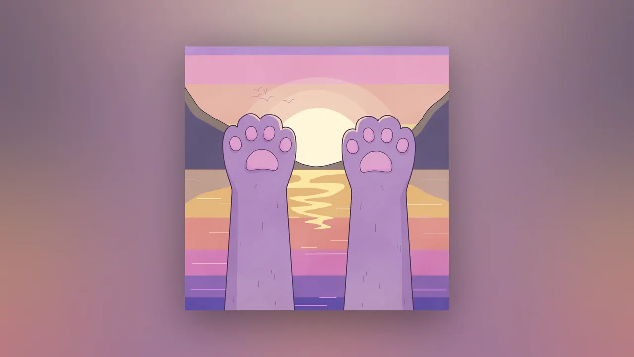 Just Relax desktop wallpaper by Purrple Cat: Two purple cat paws raised toward a golden sunset over the sea, under a pastel pink sky