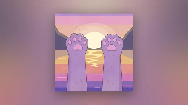 Just Relax desktop wallpaper: Two purple cat paws raised toward a golden sunset over the sea, under a pastel pink sky