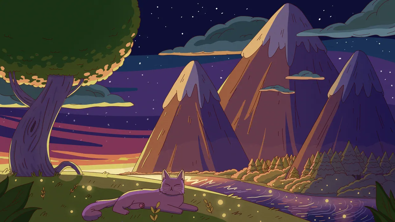 Mellow Skies desktop wallpaper by Purrple Cat: A purple cat lying in a meadow at dusk with fireflies, triangular mountains and a river under a purple sky