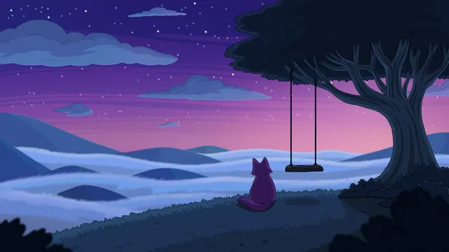 Memories desktop wallpaper: A small cat sitting on a hill beside a big tree with an empty rope swing, looking over a sea of clouds at purple dusk