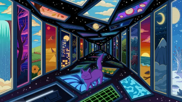 Multiverse 2 desktop wallpaper: A purple cat standing in a neon space corridor lined with portal windows into other worlds: a waterfall, a city, a desert sunset, a snowy peak