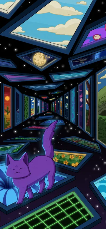 Multiverse 2 phone wallpaper: A purple cat standing in a neon space corridor lined with portal windows into other worlds: a waterfall, a city, a desert sunset, a snowy peak
