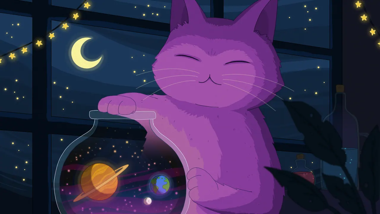 Multiverse desktop wallpaper by Purrple Cat: A large smiling purple cat at a night window with a paw on a glass jar of tiny planets, string star lights and a crescent moon