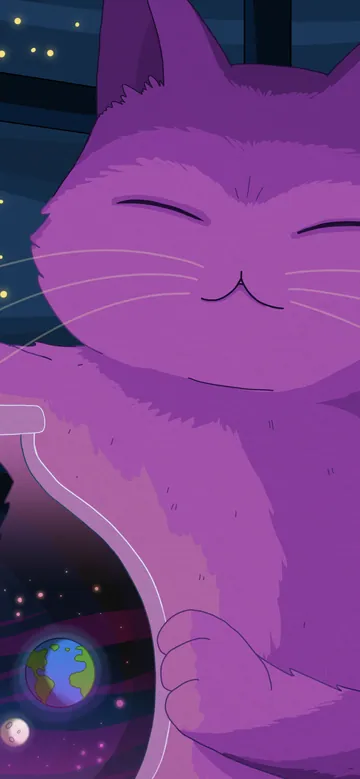 Multiverse phone wallpaper: A large smiling purple cat at a night window with a paw on a glass jar of tiny planets, string star lights and a crescent moon