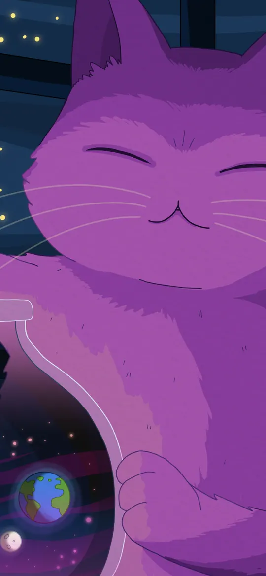 Multiverse phone wallpaper by Purrple Cat: A large smiling purple cat at a night window with a paw on a glass jar of tiny planets, string star lights and a crescent moon