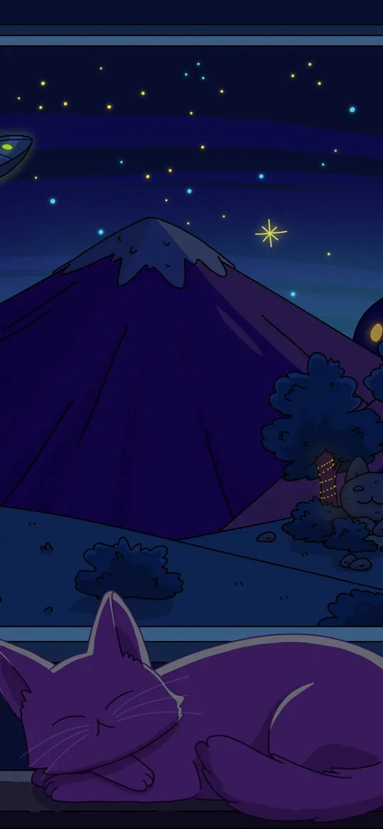 Night Train phone wallpaper by Purrple Cat: A purple cat asleep on a train table in a dark carriage, a star mug and backpack beside it, purple mountains and a crescent moon through the window