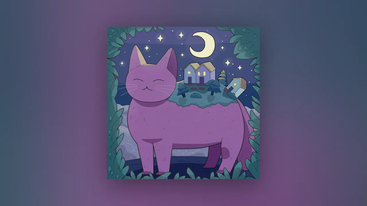 Nostalgia and Moving On desktop wallpaper by Purrple Cat: A big purple cat standing in a moonlit forest clearing with a little village of houses on its back, under a crescent moon