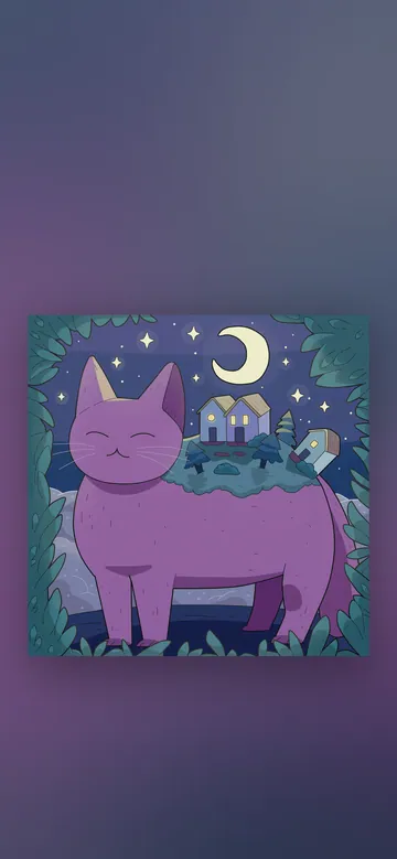 Nostalgia and Moving On phone wallpaper: A big purple cat standing in a moonlit forest clearing with a little village of houses on its back, under a crescent moon