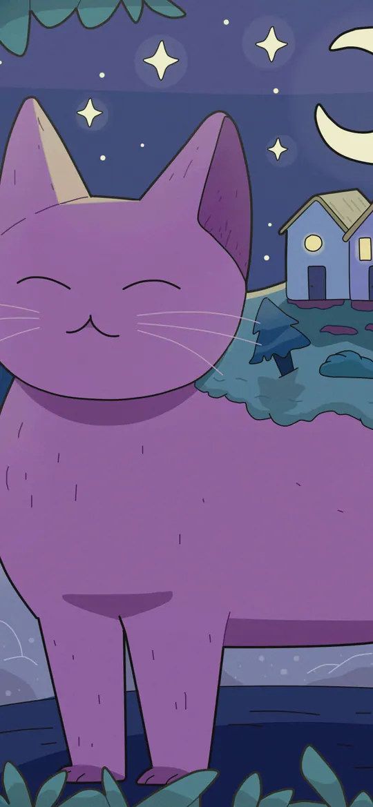 Nostalgia and Moving On phone wallpaper by Purrple Cat: A big purple cat standing in a moonlit forest clearing with a little village of houses on its back, under a crescent moon