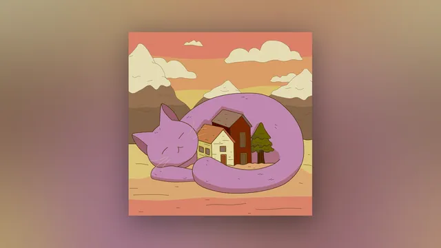 Now or Never desktop wallpaper: A giant sleeping purple cat curled around a tiny village of houses and a pine tree, under peach clouds and sandy mountains