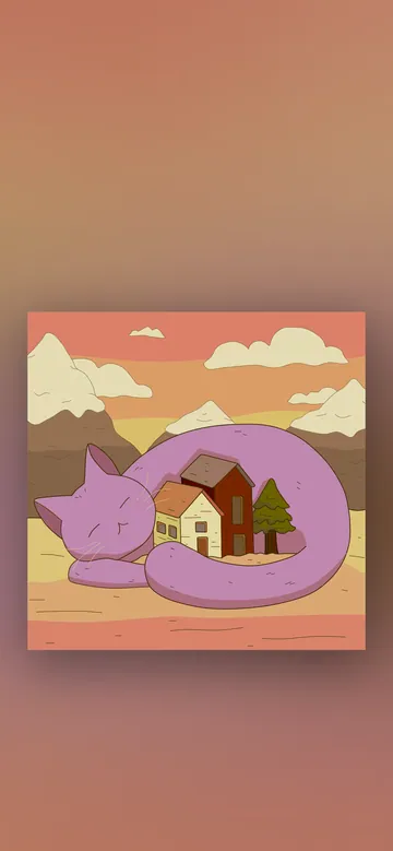 Now or Never phone wallpaper: A giant sleeping purple cat curled around a tiny village of houses and a pine tree, under peach clouds and sandy mountains