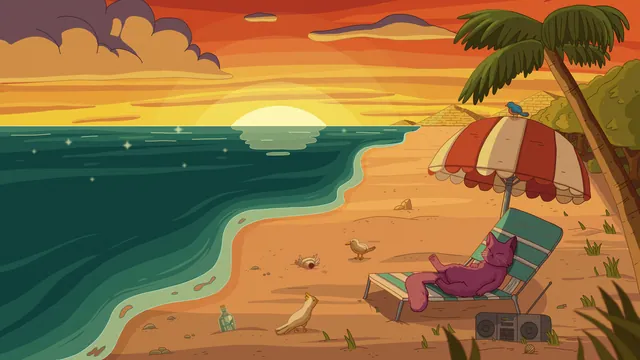 Oasis desktop wallpaper: A purple cat lounging on a striped beach chair under an umbrella with a boombox, the sun setting over the sea, a palm tree and seagulls