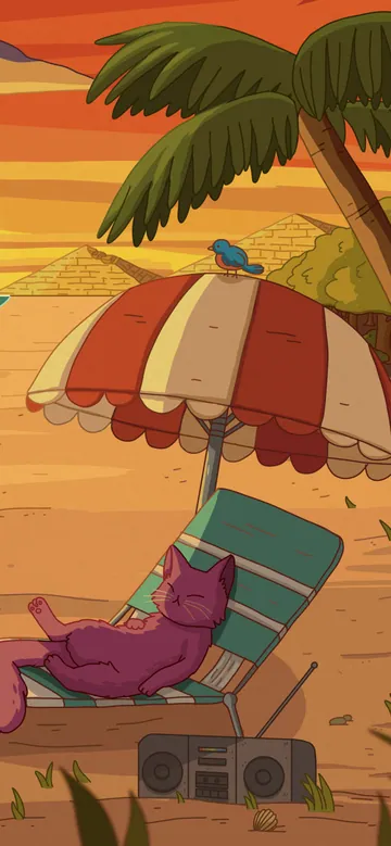 Oasis phone wallpaper: A purple cat lounging on a striped beach chair under an umbrella with a boombox, the sun setting over the sea, a palm tree and seagulls