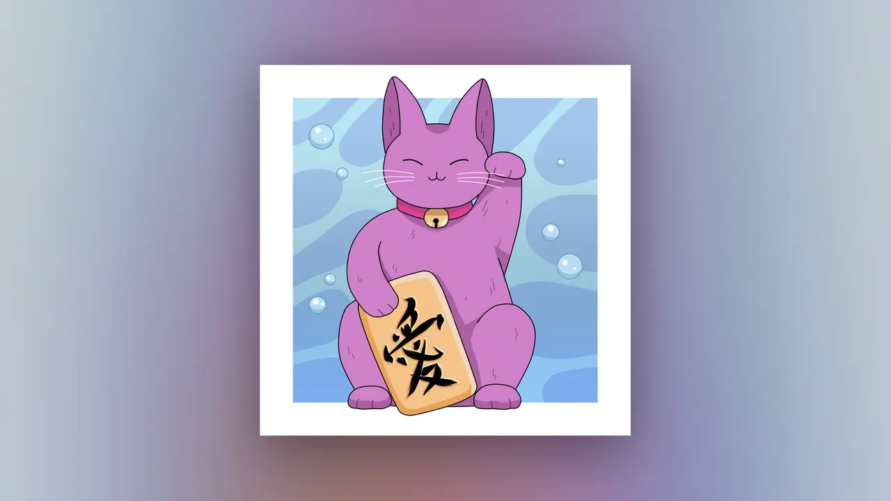 Pelagic Journey desktop wallpaper by Purrple Cat: A purple lucky cat holding a gold tile with the kanji for love, on a blue underwater background with rising bubbles